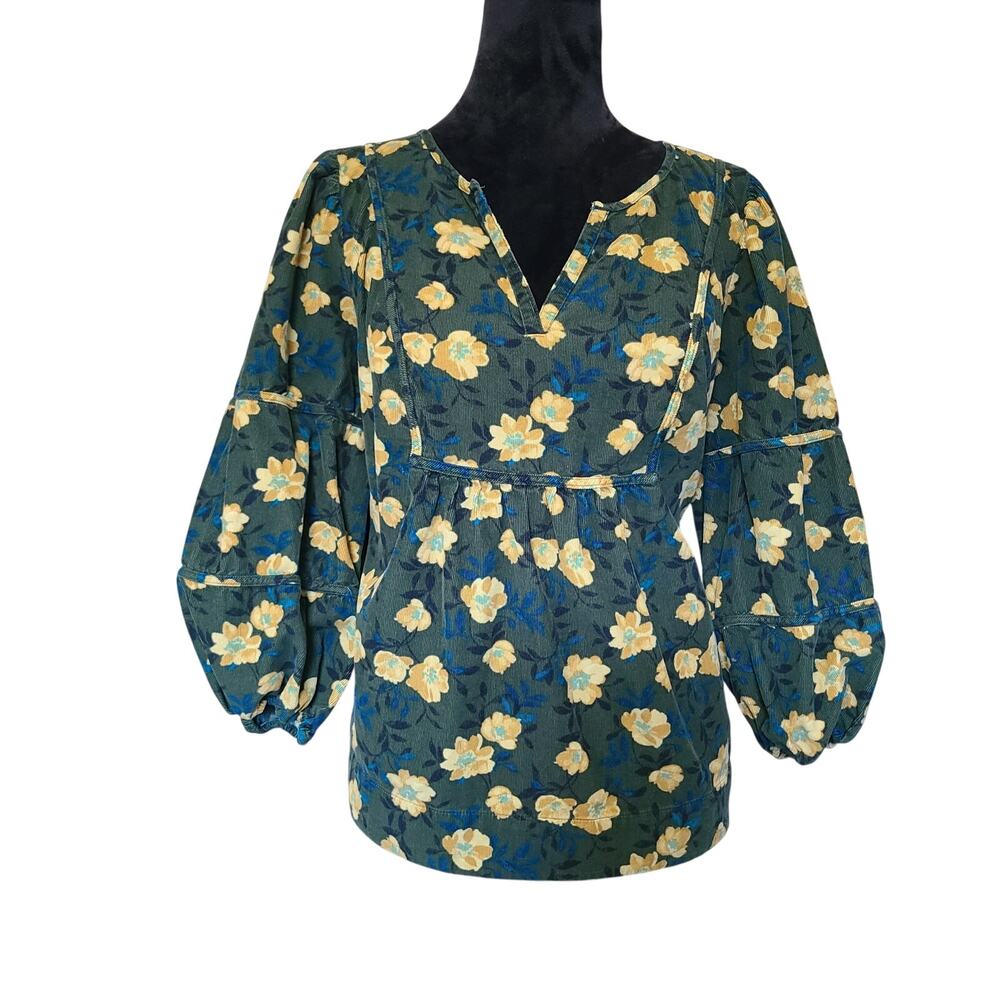 Sonoma Dark Floral Corduroy Shirt Women 0X Plus Size Balloon Sleeves Peasant Top